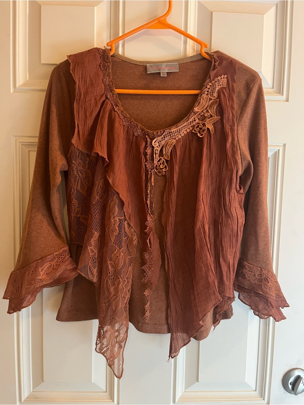 Pretty Angel Rust Brown Boho Lace-Trim Tunic Top. Size medium.